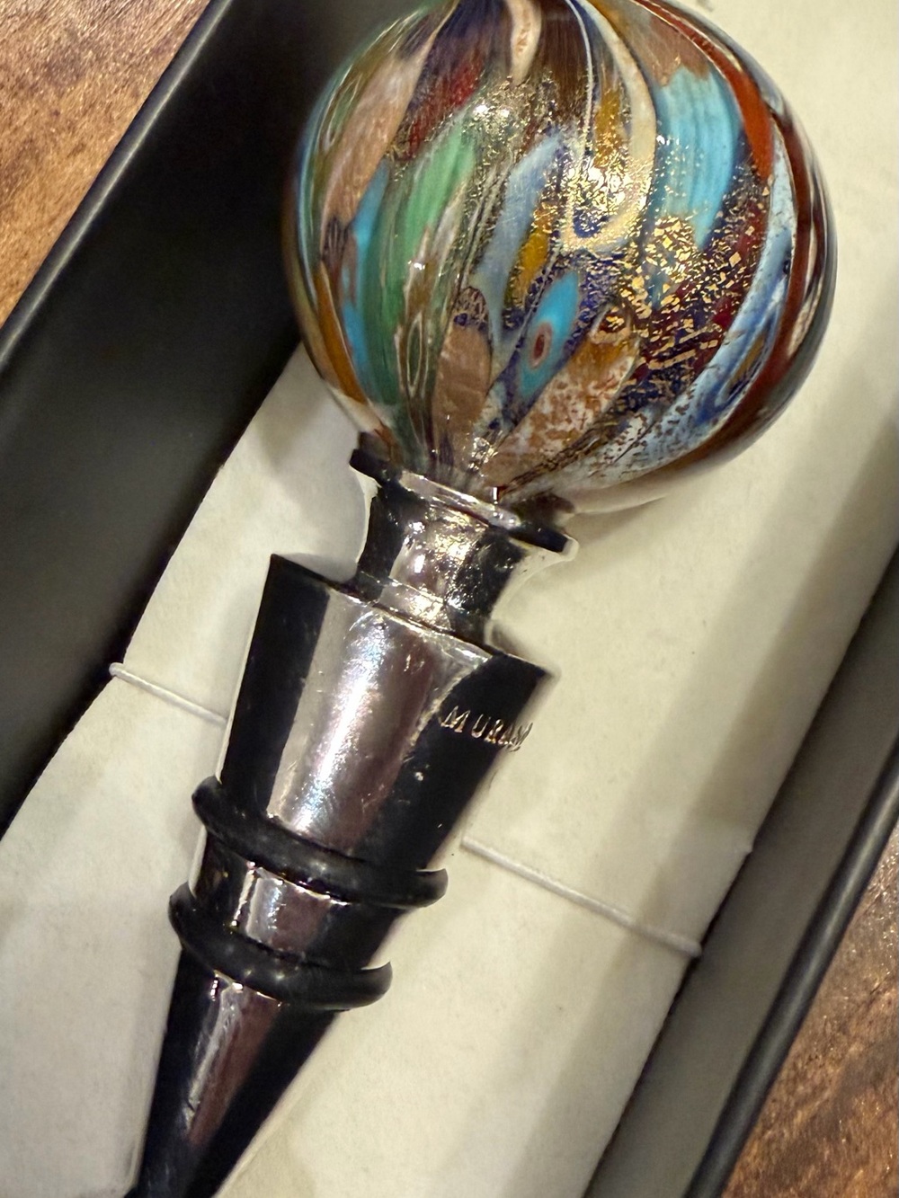 Hand-Blown Glass Ball Wine Stopper with Multicolor Swirl & Original Box